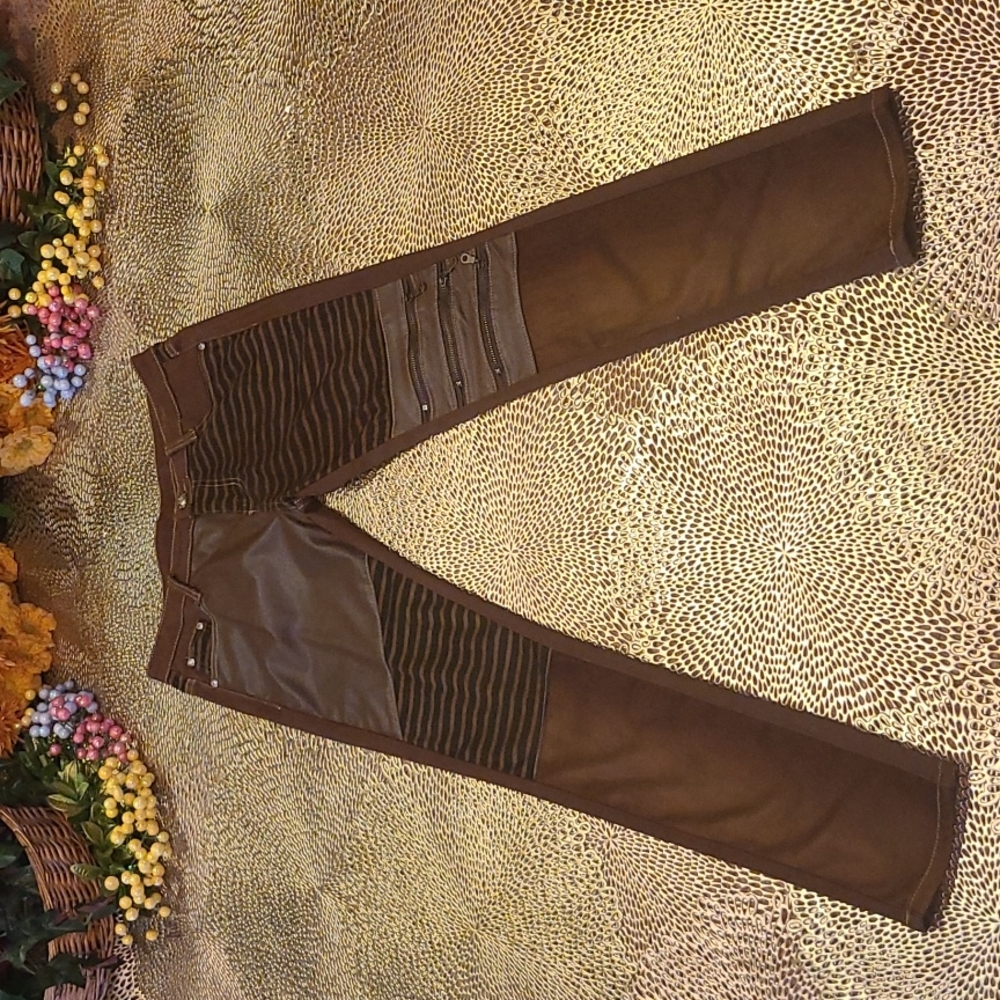 Boranyizu Steam Punk Brown Faux Leather & Denim Jeans